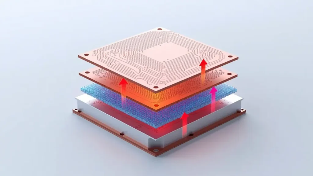 3D cross-section infographic of an aluminum circuit board stackup showing the vertical thermal path for heat dissipation.