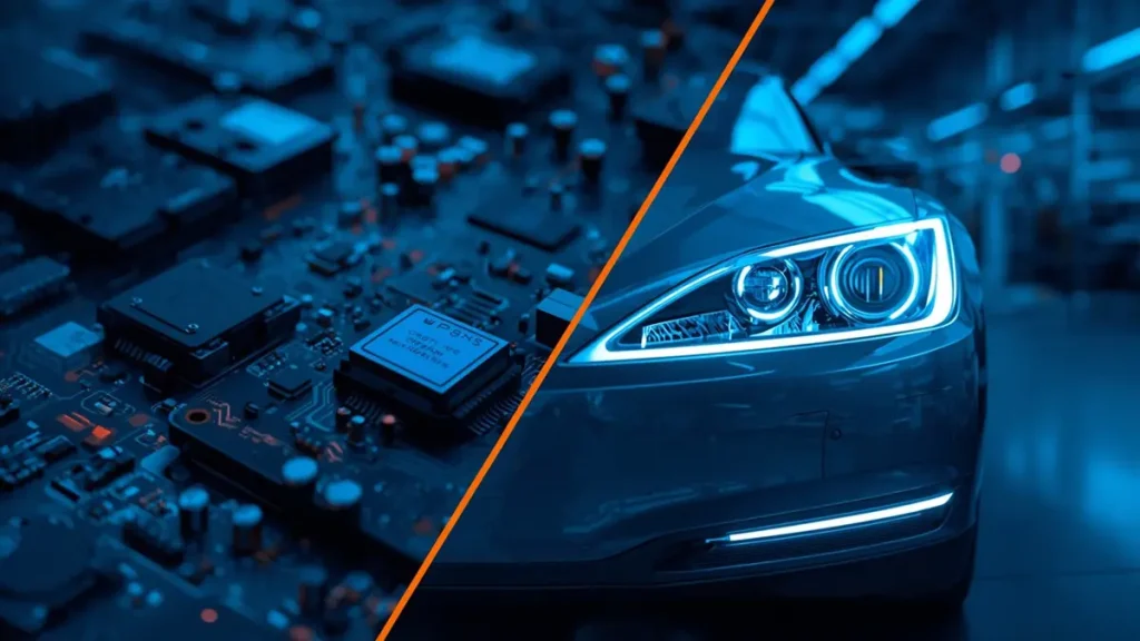 High-tech B2B banner showing metal substrate PCB manufacturing on the left and automotive EV LED headlight applications on the right.