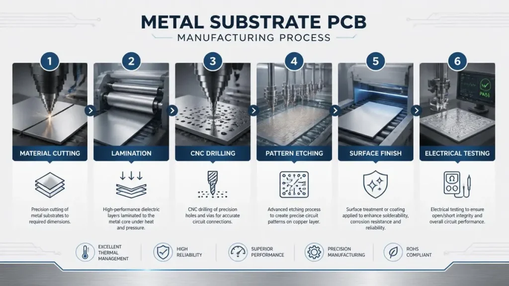 An industrial infographic timeline showing the 6-step metal substrate PCB manufacturing process from material cutting and lamination to electrical testing.