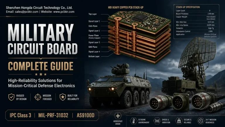 Military PCB complete guide by Shenzhen Hongda Circuit Technology, featuring heavy copper HDI stack-up, defense radar, and armored vehicle electronics.