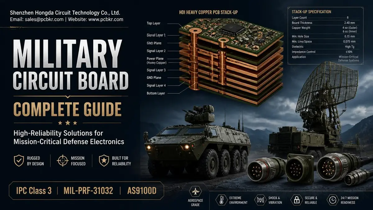 Military PCB complete guide by Shenzhen Hongda Circuit Technology, featuring heavy copper HDI stack-up, defense radar, and armored vehicle electronics.