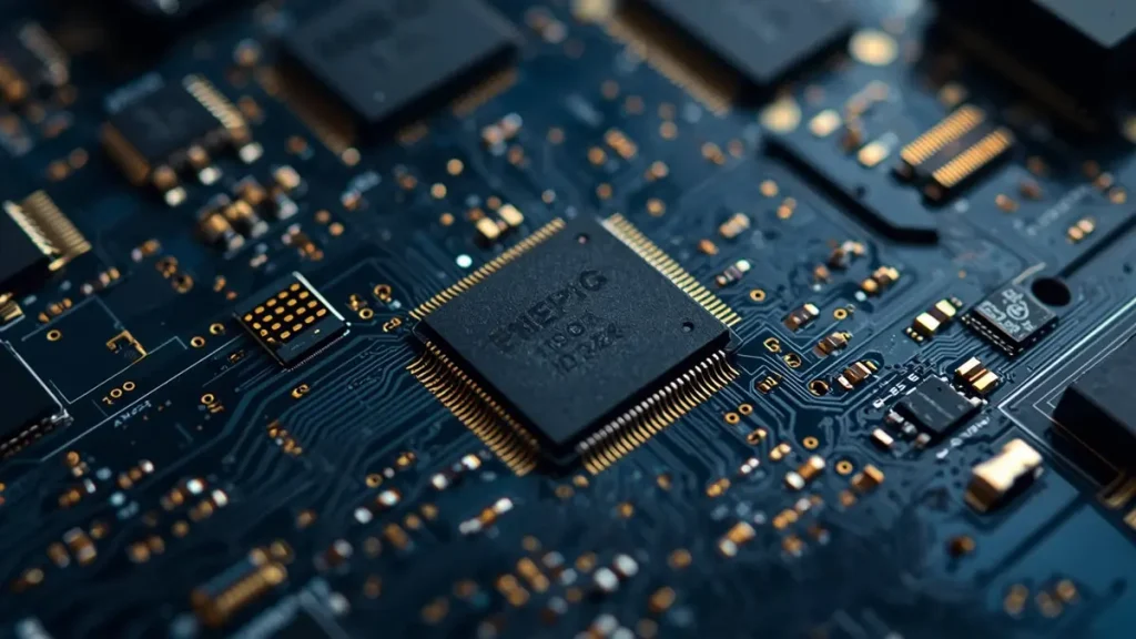 Macro shot of a high-reliability military PCB featuring ENEPIG surface finish, pristine gold-plated component pads, and conformal coating