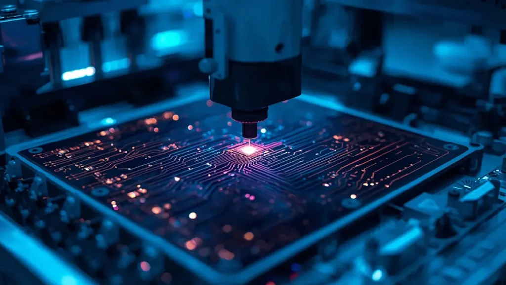 High-precision UV laser direct imaging machine exposing fine circuit patterns on a high-reliability military PCB panel in a cleanroom environment