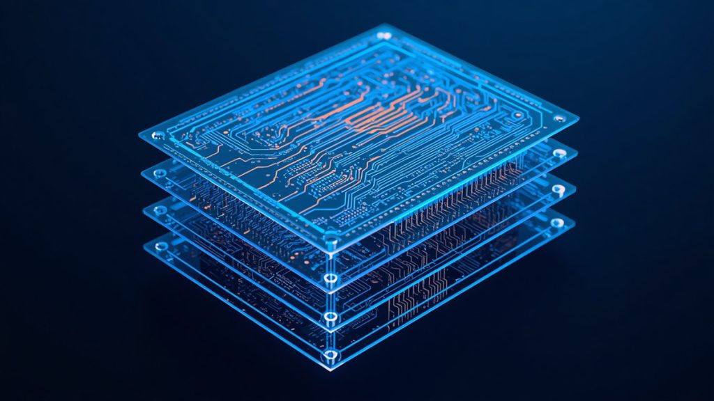3D technical exploded diagram of multilayer HDI PCB stackup structure with inner copper traces and dielectric layers