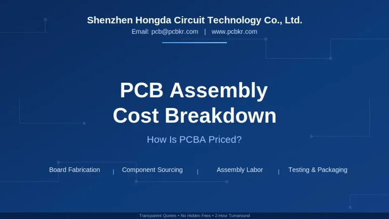 Blue cover image titled "PCB Assembly Cost Breakdown: How Is PCBA Priced?" showing structural cost components including component sourcing, assembly labor, and packaging.