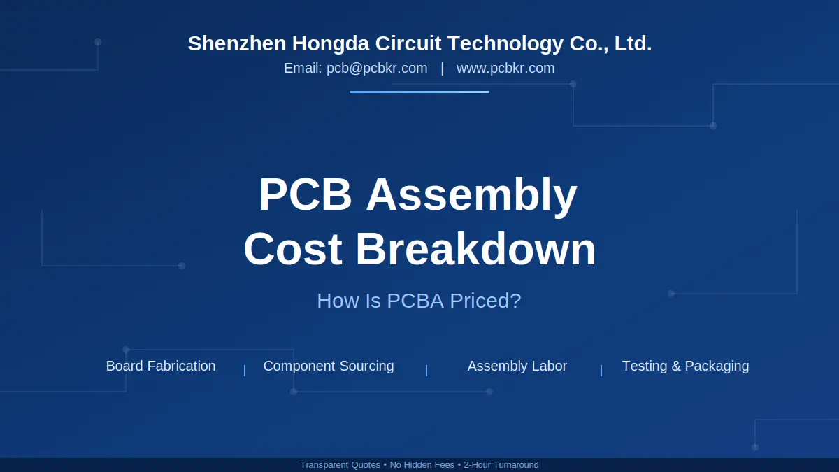 Blue cover image titled "PCB Assembly Cost Breakdown: How Is PCBA Priced?" showing structural cost components including component sourcing, assembly labor, and packaging.