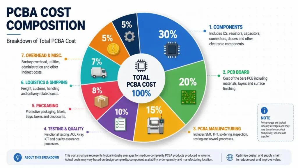 A detailed circular infographic illustrating the PCBA cost composition and breakdown, showing percentage shares for components, bare PCB board, manufacturing, testing, packaging, and logistics.