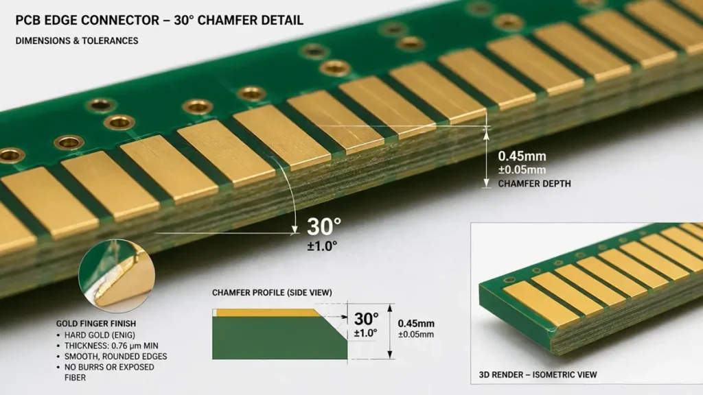 3D technical diagram of PCB gold finger edge connector showing 30-degree beveling chamfer angle, 0.45mm depth tolerance, and hard gold plating specs