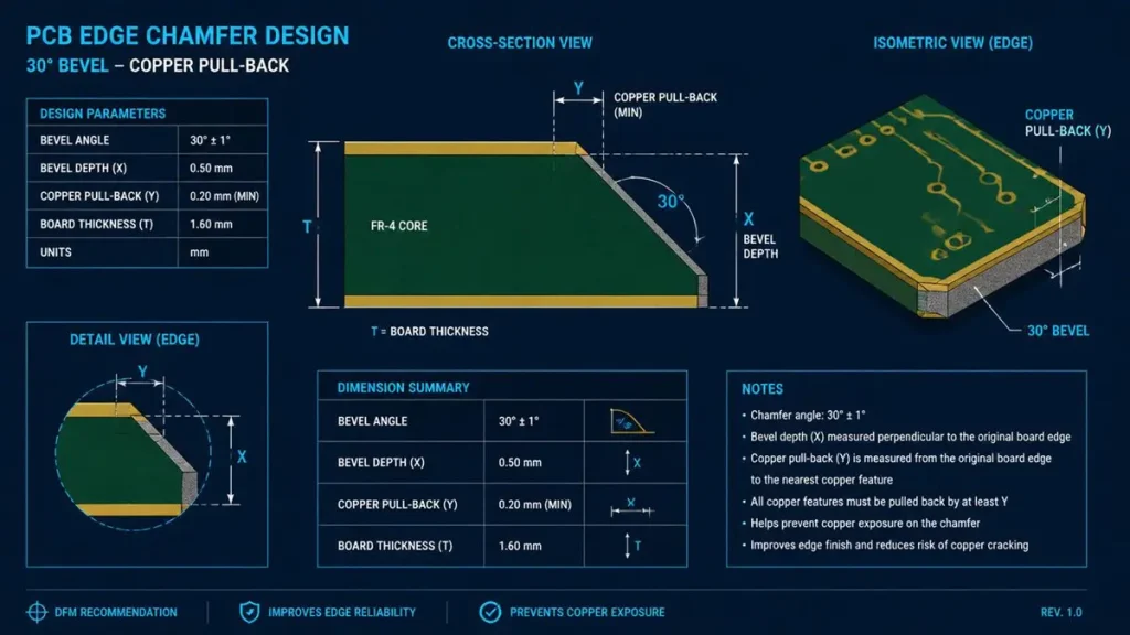 Engineering schematic diagram of PCB edge chamfer design, featuring 30-degree bevel angle cross-section, bevel depth (X), and inner copper pull-back clearance (Y) for DFM compliance.