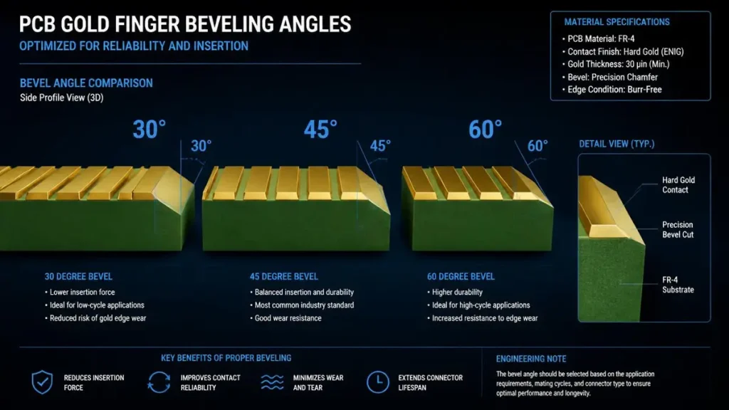 3D technical illustration comparing 30 degree, 45 degree, and 60 degree PCB gold finger beveling angles with edge profile and material specifications.
