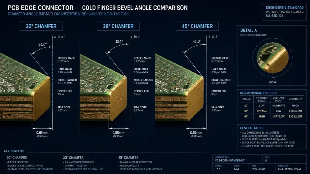 Technical cross-section diagram comparing 20, 30, and 45 degree PCB gold finger chamfer angles, stackup layer details, and insertion force trade-offs.