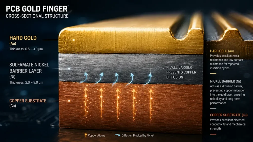 3D cross-sectional diagram of a PCB gold finger showing the layered structure: Copper Substrate, Sulfamate Nickel Barrier Layer, and Hard Gold. Arrows illustrate copper atoms being blocked by the nickel layer to prevent migration.