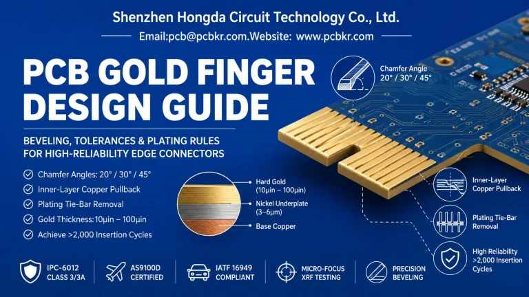 PCB gold finger design guide showing 20 30 45 degree beveling angles, hard gold plating stackup, and inner layer pullback rules.