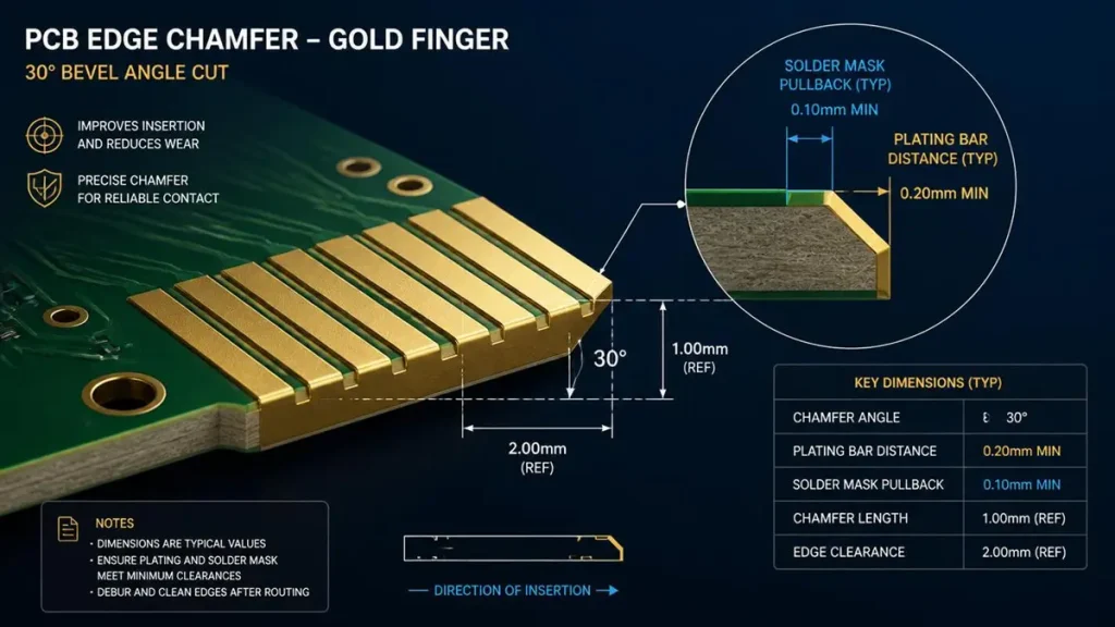  Gold Finger PCB Specifications diagram illustrating 30-degree edge chamfer, solder mask pullback, and plating bar clearance for IPC Class 3 boards.