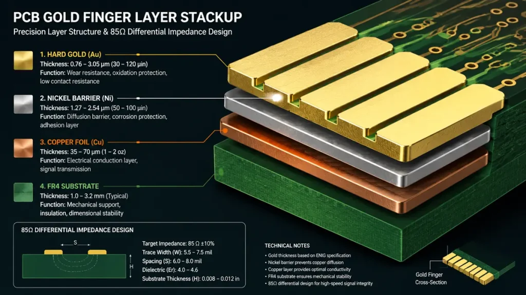 3D layer stackup diagram of PCB gold finger showing hard gold, nickel barrier, copper foil, and 85-ohm differential impedance design