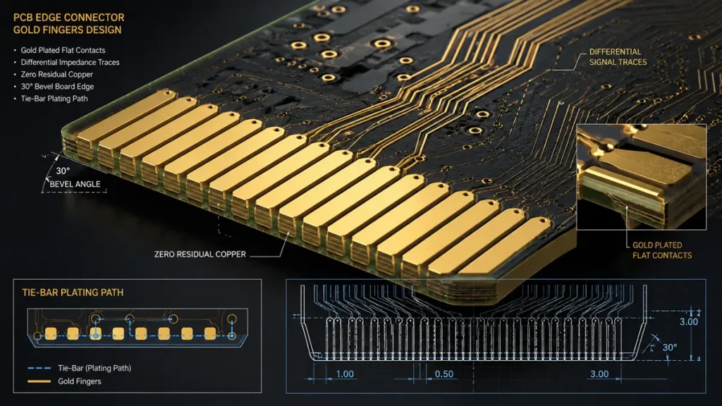 3D technical render and blueprint diagram of PCB gold finger edge connector, showing 30-degree bevel angle, zero residual copper, differential signal traces, and electroplating tie-bar path routing.