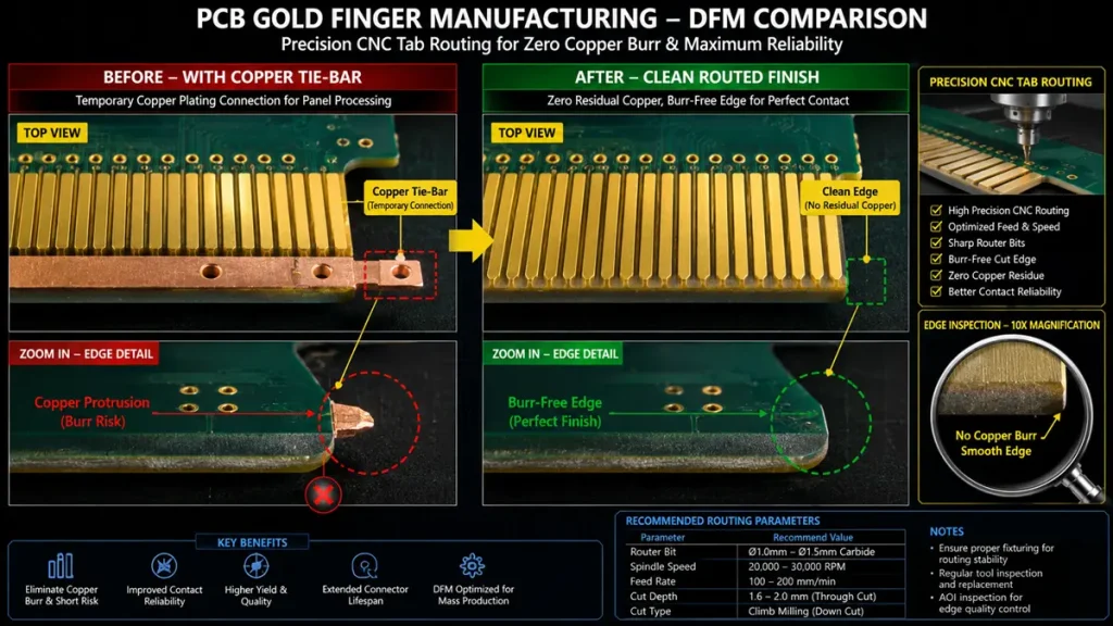 DFM comparison diagram of PCB gold finger manufacturing showing temporary copper tie-bar removal, zero residual copper protrusion, and 10x magnified burr-free edge inspection.