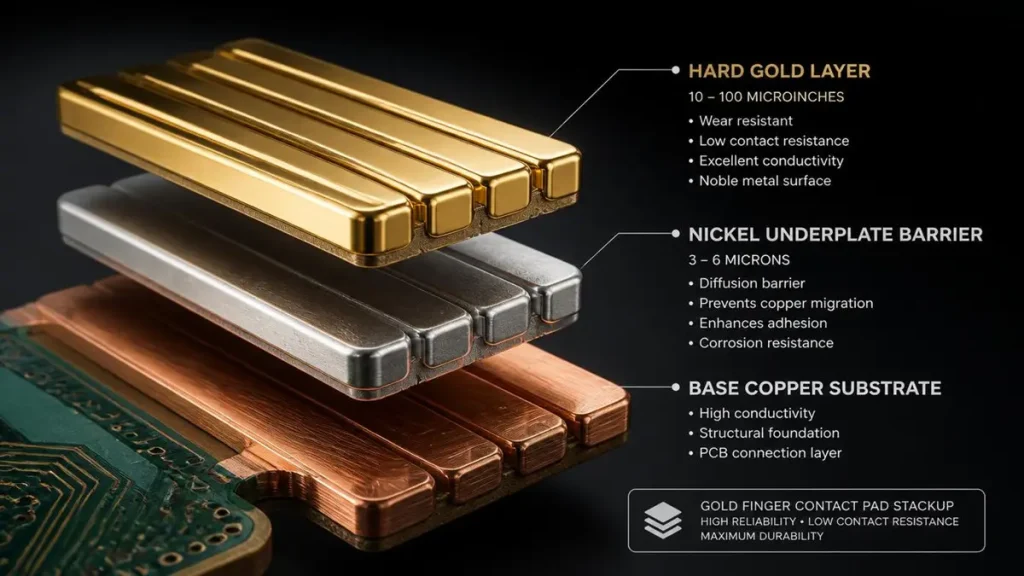 3D exploded layer diagram of PCB gold finger stackup showing hard gold layer (10-100 microinches), nickel underplate barrier (3-6 microns), and base copper substrate.