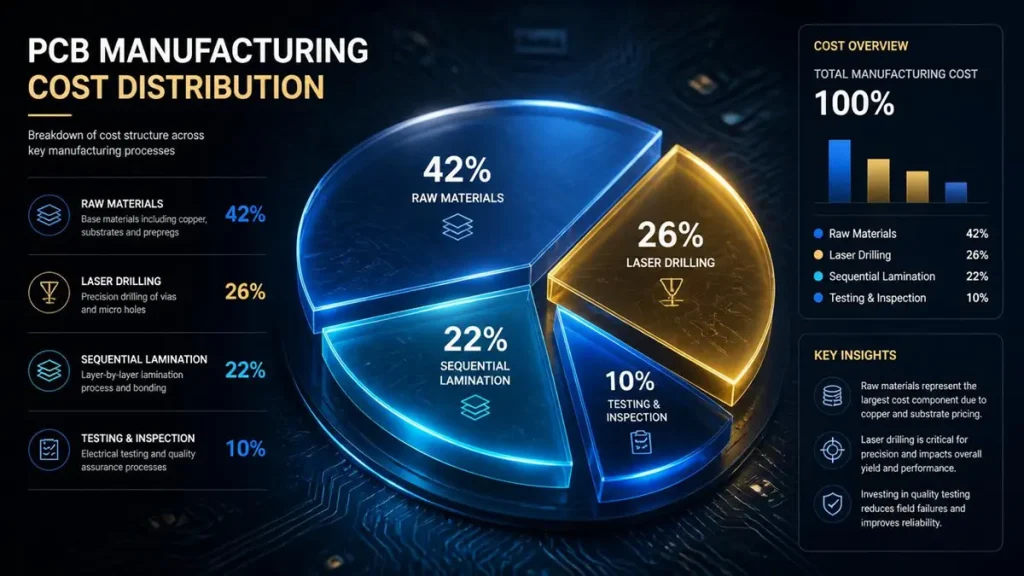 3D data visualization infographic showing PCB manufacturing cost breakdown including raw materials and laser drilling by Hongda Circuit