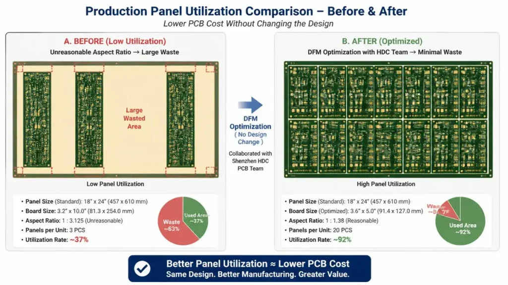  Before and after DFM optimization comparison for heavy copper pcb 4 layer power supply cost per board by Shenzhen Hongda Circuit Technology