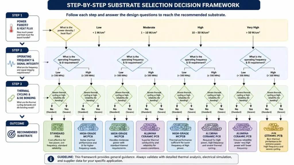 A professional process flowchart diagram showing a step-by-step substrate selection decision framework for PCBs. The decision tree guides users through power density, operating frequency, and thermal cycling nodes to recommend either Standard FR4, High-Grade MCPCB, Alumina Ceramic PCB, or AlN Ceramic PCB.