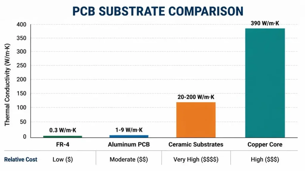 Bar chart comparing thermal conductivity and relative cost of FR-4, Aluminum PCB, Ceramic, and Copper Core substrates