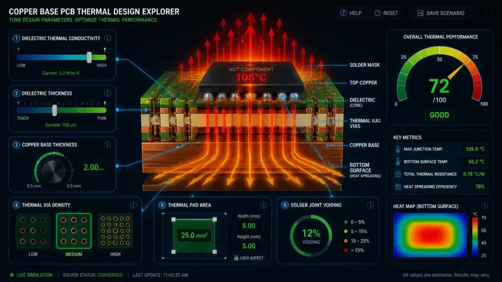 An interactive digital dashboard showing design variables affecting copper base PCB thermal performance, including dielectric thermal conductivity, dielectric thickness, copper base thickness, thermal via density, pad area, and solder joint voiding with a central 3D PCB cross-section simulation.