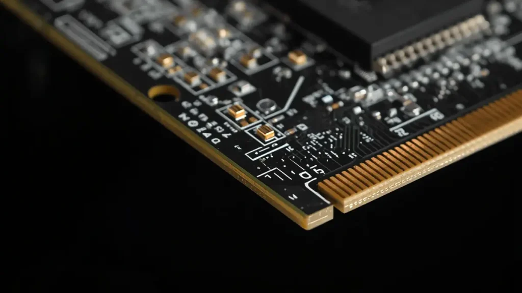Macro side-angle view of a PCIe gold finger PCB showing a precise 30-degree bevel chamfer edge on hard gold contact fingers and FR4 substrate.