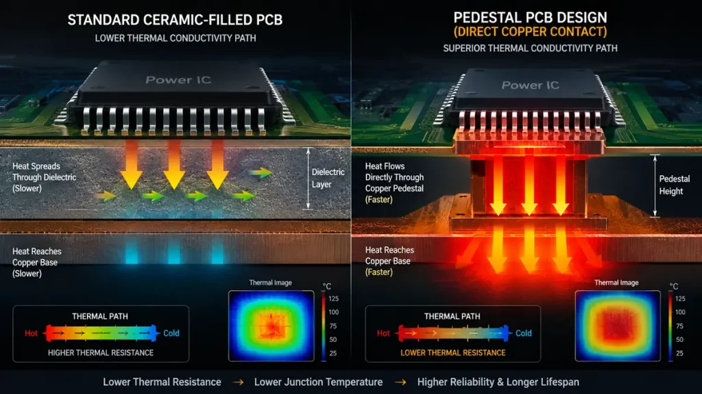 Engineering thermal simulation comparing a standard ceramic-filled PCB with a Pedestal PCB design for an accurate Copper Base PCB Quote, illustrating direct copper contact heat paths and lower junction temperatures.