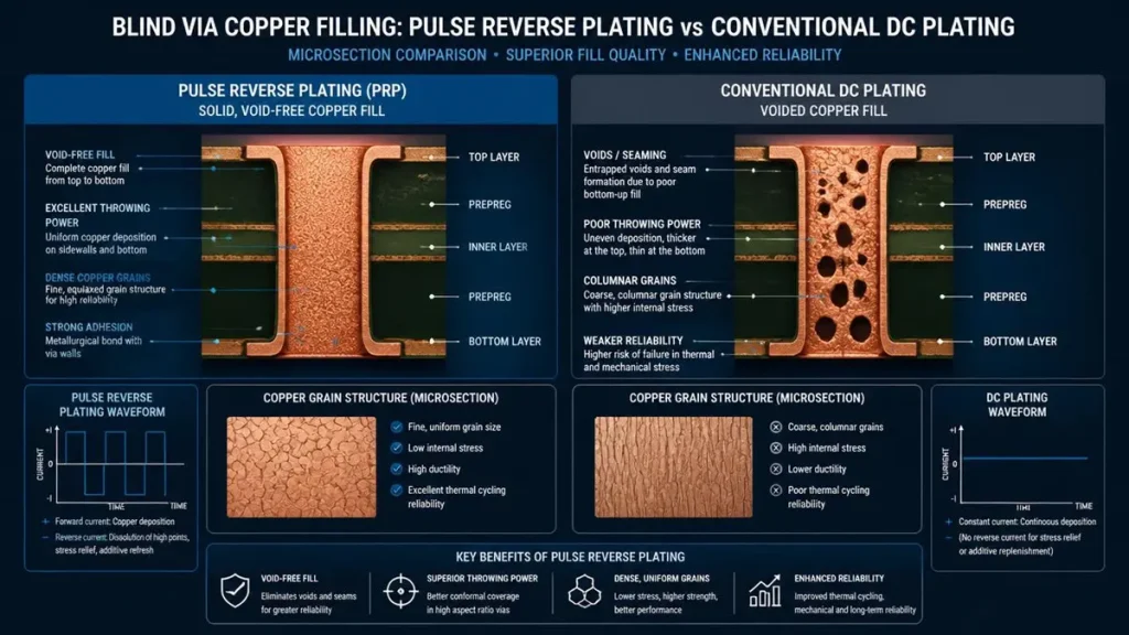 Technical comparison diagram showing pulse reverse plating with void-free copper fill vs conventional DC plating with voids for HDI PCB blind vias.