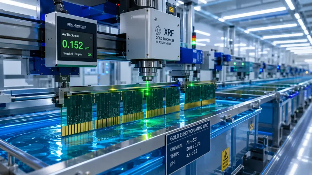 Automated PCB gold electroplating line featuring real-time XRF thickness measurement displaying 0.152 um gold layer with temperature and pH bath monitoring.