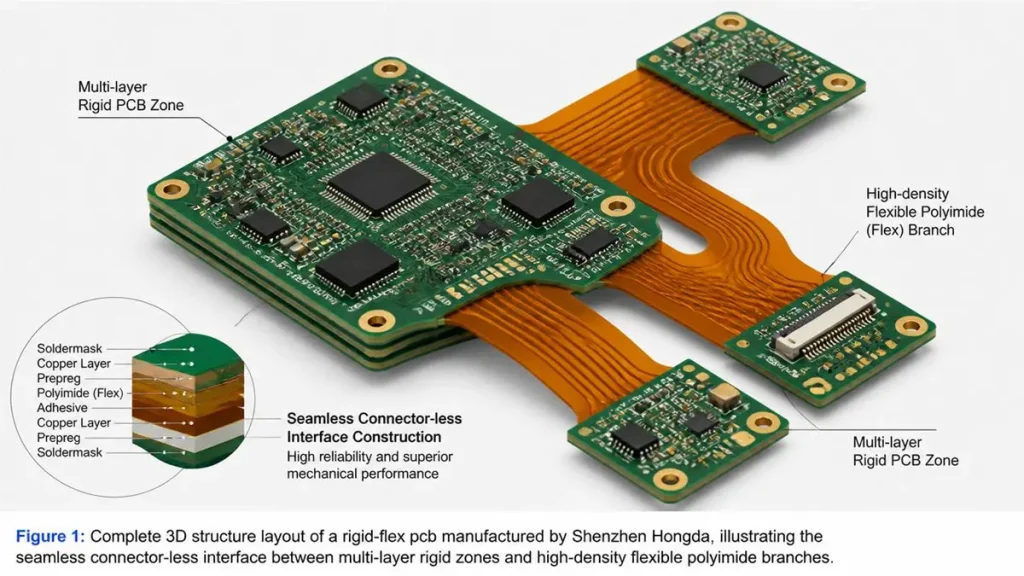 Complete 3D structure layout of a rigid-flex pcb manufactured by Shenzhen Hongda, illustrating the seamless connector-less interface between multi-layer rigid zones and high-density flexible polyimide branches.