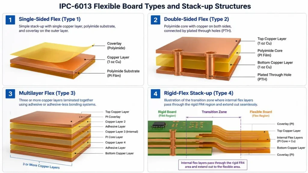 IPC-6013 standard flexible board types and stack-up structures diagram, showing Type 1 Single-Sided Flex, Type 2 Double-Sided Flex with PTH, Type 3 Multilayer Flex, and Type 4 Rigid-Flex transition zone stackup.