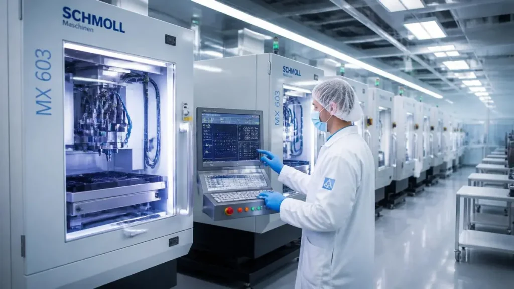 German Schmoll CNC microdrilling machines executing high-precision hole alignment inside Hongda Circuit's certified aerospace PCB manufacturing cleanroom.