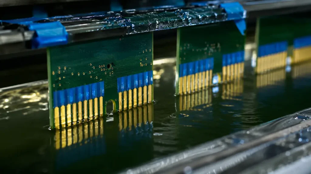 Vertical selective electroplating line for PCB gold fingers with blue masking tape submerged in chemical plating bath at Hongda Circuit factory.