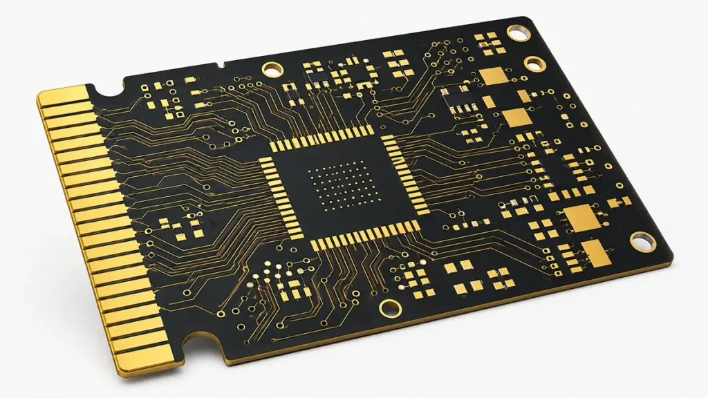 Photorealistic 3D render of a bare printed circuit board showing selective surface finish: electroplated thick hard gold on edge connector fingers and thin immersion gold (ENIG) on flat SMT pads