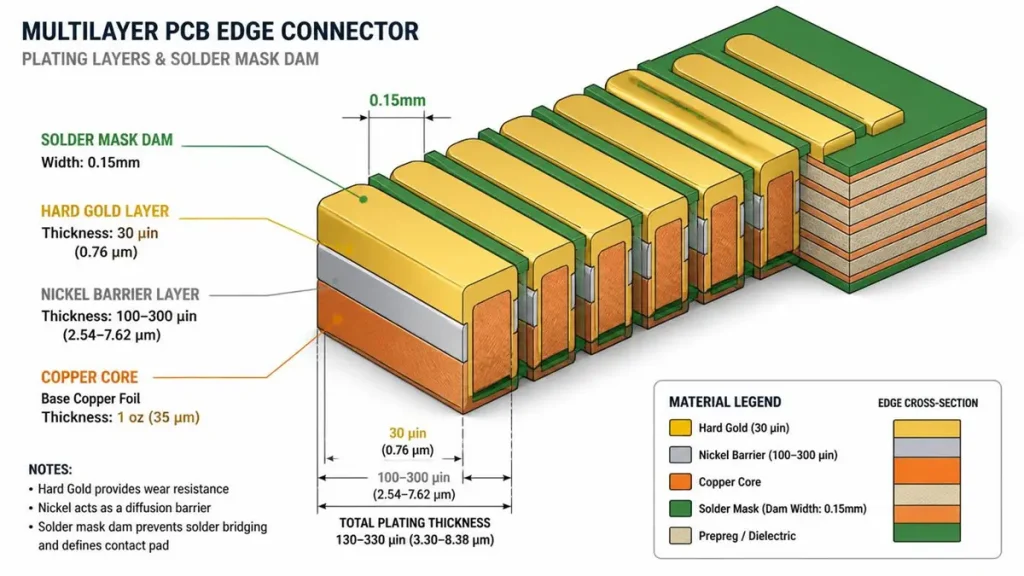 3D cross-section diagram of a selective hard gold PCB edge connector showing 0.15mm solder mask dam, nickel barrier, and hard gold layer thickness.