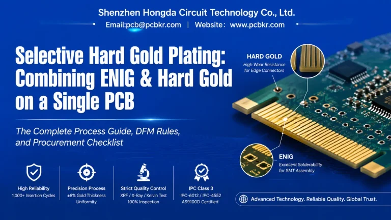 Selective hard gold PCB showing ENIG on SMT pads and electroplated hard gold on edge connectors for high wear resistance.