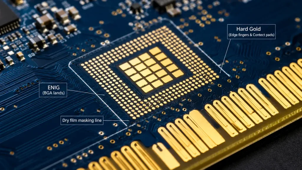 Selective hard gold plating PCB diagram showing electroplated gold fingers, ENIG BGA pads, and dry film masking line.