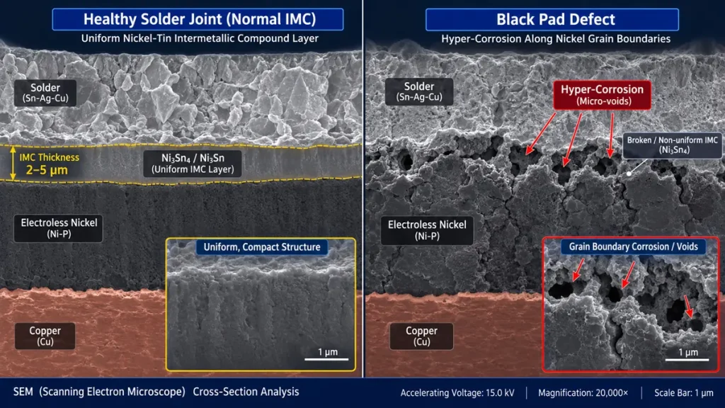 SEM scanning electron microscope cross-section analysis comparing a healthy ENIG solder joint with uniform IMC layer (2-5 µm) against a Black Pad defect showing hyper-corrosion micro-voids along nickel grain boundaries.