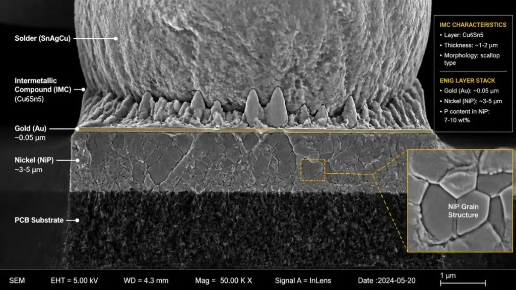 SEM microscopic cross-section view of ENIG BGA solder joint showing nickel-phosphorus grain structure, gold layer thickness, and IMC interface for black pad prevention in PCB manufacturing.