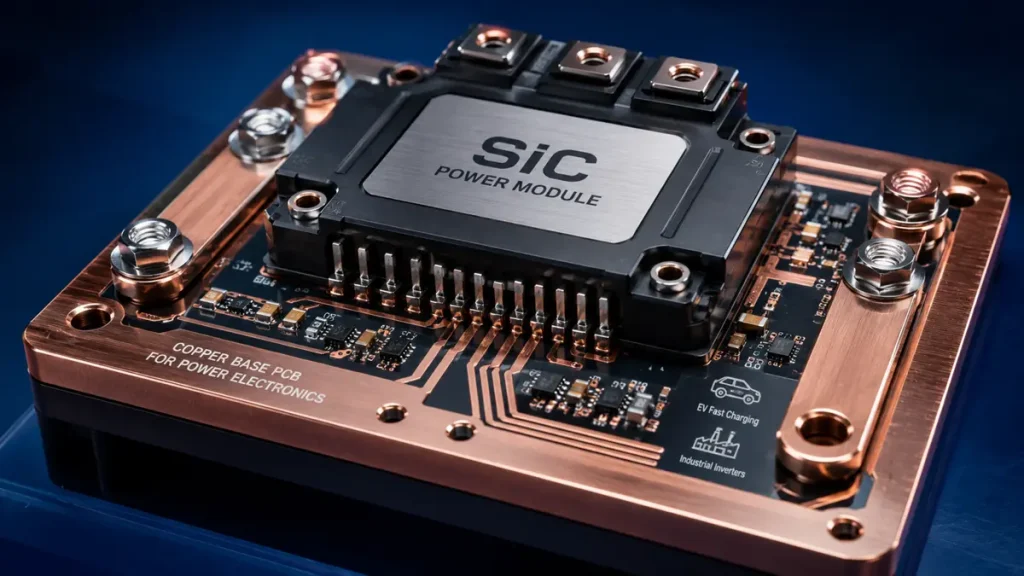 High-end industrial photography of a premium Silicon Carbide (SiC) power module mounted on a heavy Copper Base PCB, showcasing heavy copper traces and bus bars for EV fast charging.