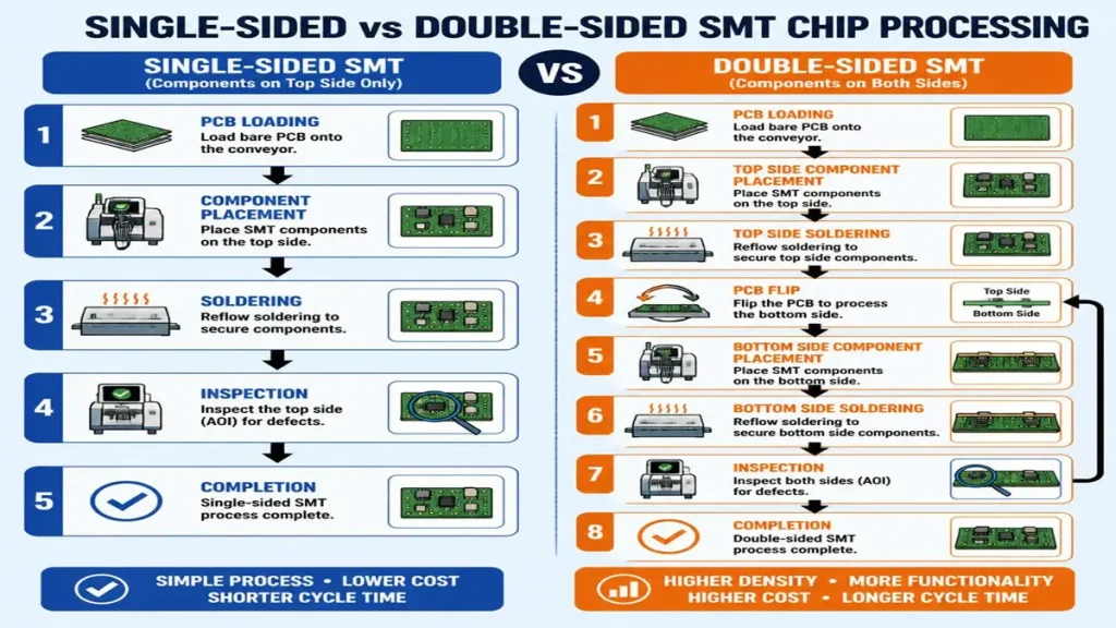 A step-by-step process flow chart comparing single-sided vs double-sided SMT chip processing, detailing stages from PCB loading, component placement, and reflow soldering to AOI inspection.