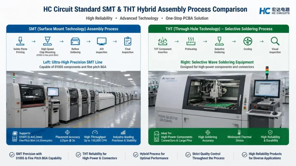  Standard SMT and THT hybrid PCB assembly services comparison by Shenzhen Hongda Circuit, showing an ultra-high precision SMT line and selective wave soldering equipment.