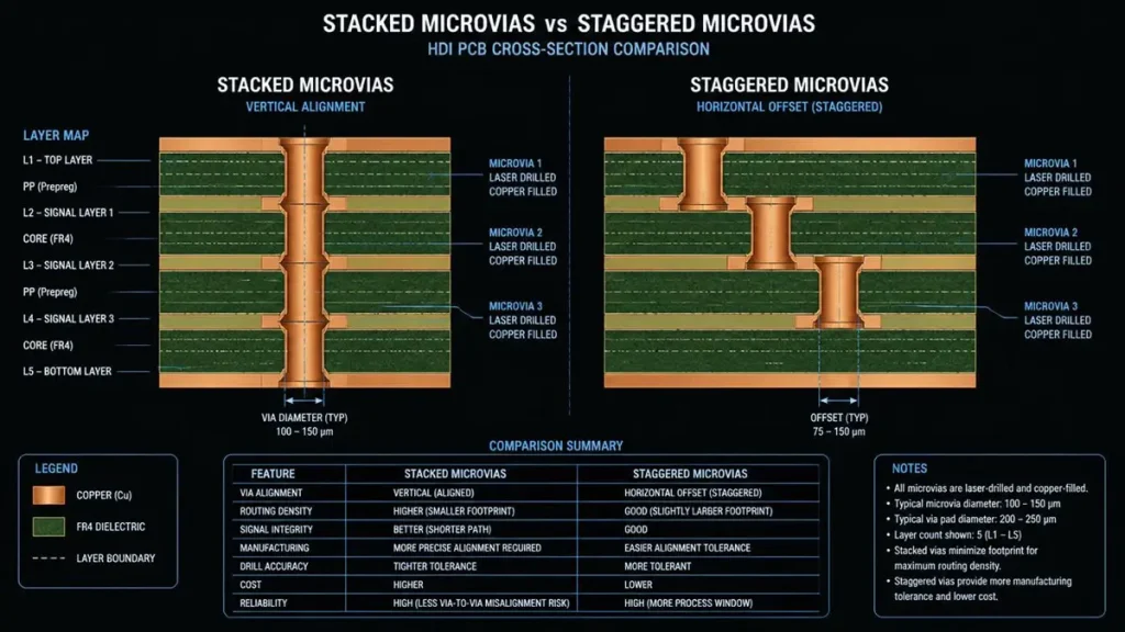 Technical cross-section diagram comparing stacked and staggered copper-filled laser microvias in a 5-layer HDI PCB stackup with alignment specifications.