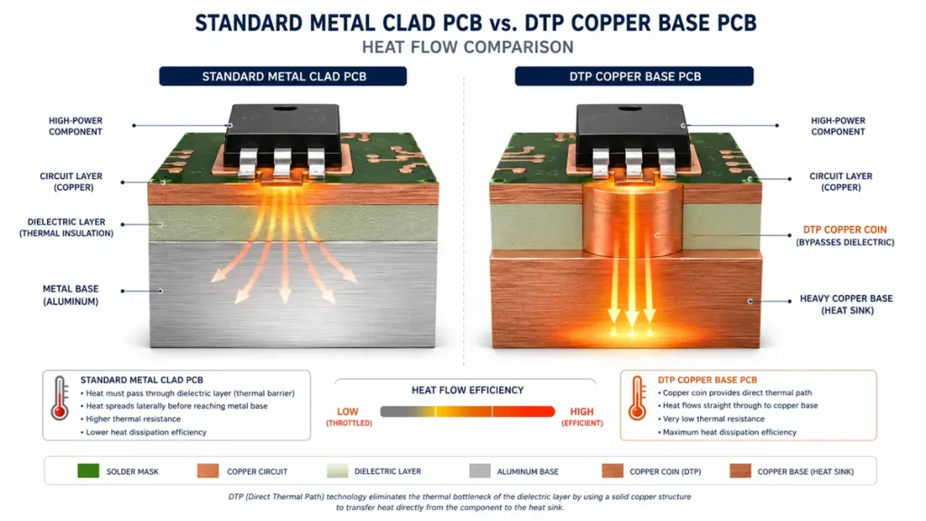 Heat flow comparison between standard metal clad PCB and DTP copper base PCB showing embedded copper coin technology.