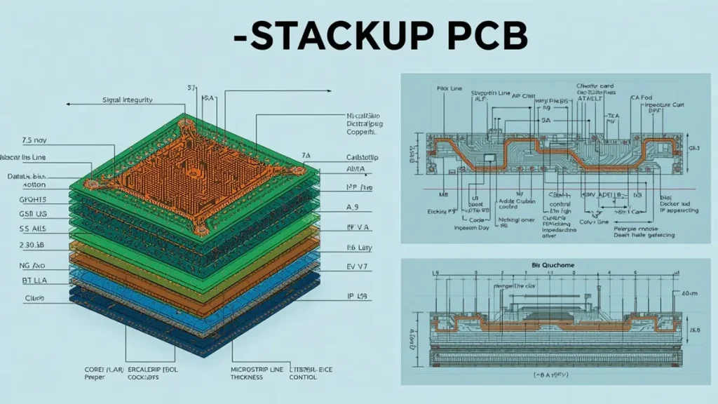 A detailed 3D stackup diagram of a high-layer count PCB showcasing internal core, prepreg layers, and microstrip cross-section for Turnkey PCB Assembly Services signal integrity.