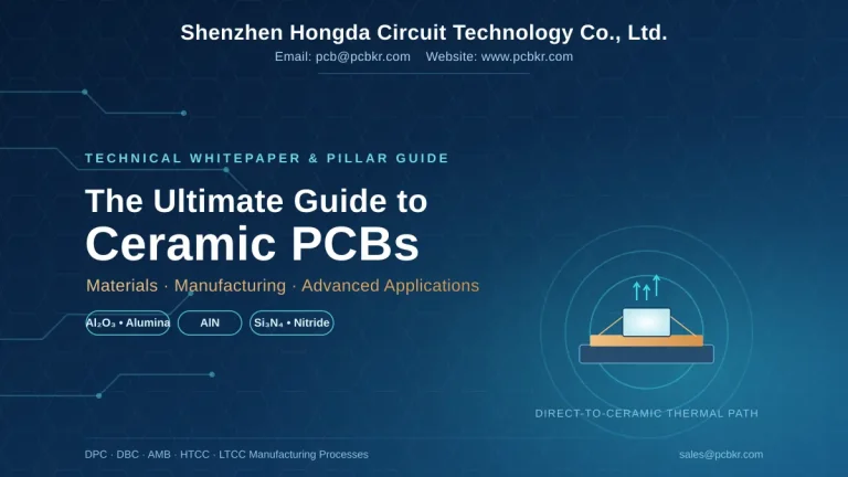The ultimate guide to Ceramic PCB materials and manufacturing processes by Hongda Circuit, highlighting Alumina, AlN, and Silicon Nitride substrates.