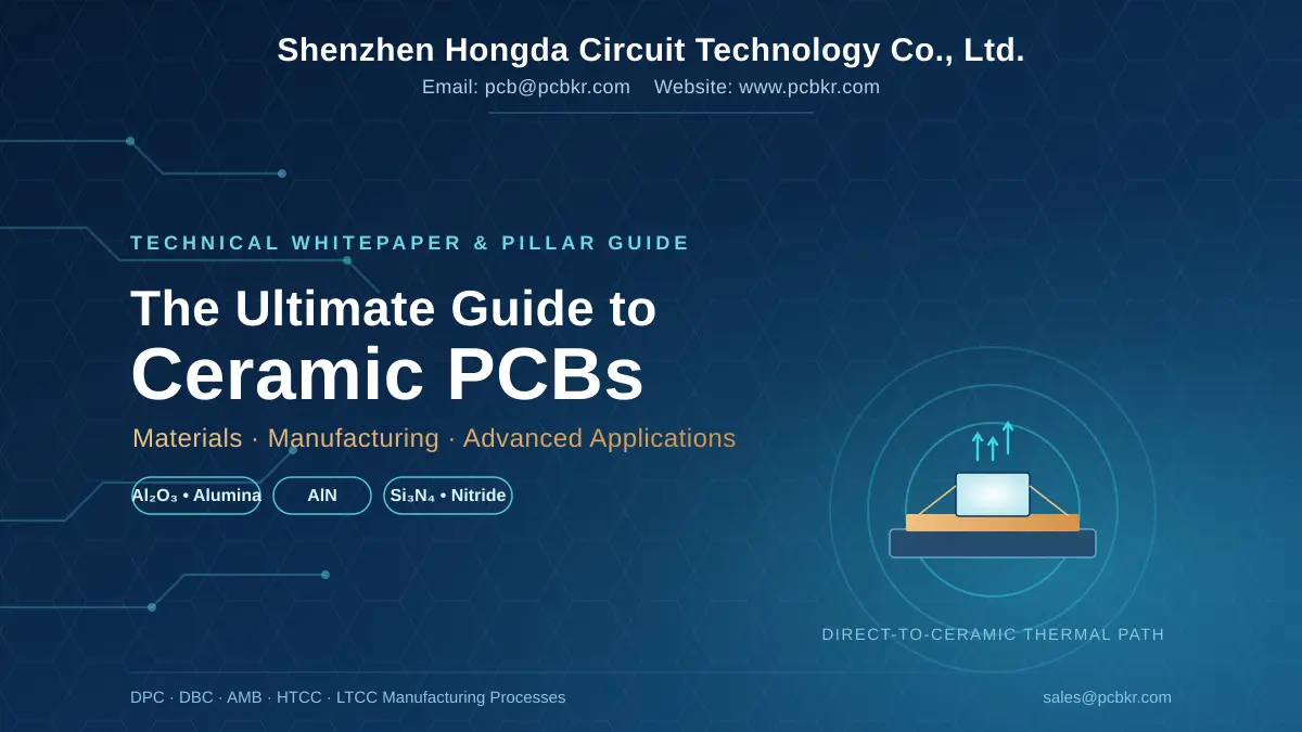 The ultimate guide to Ceramic PCB materials and manufacturing processes by Hongda Circuit, highlighting Alumina, AlN, and Silicon Nitride substrates.