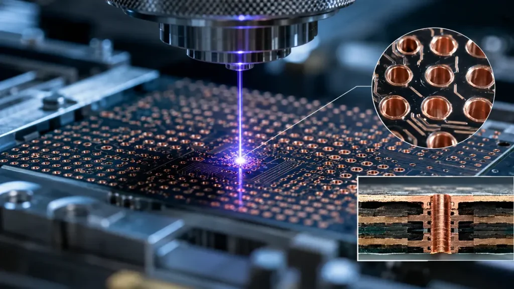 Precision UV laser drilling microvias and copper layer plating on a high-density multilayer aerospace PCB with microscopic cross-section view